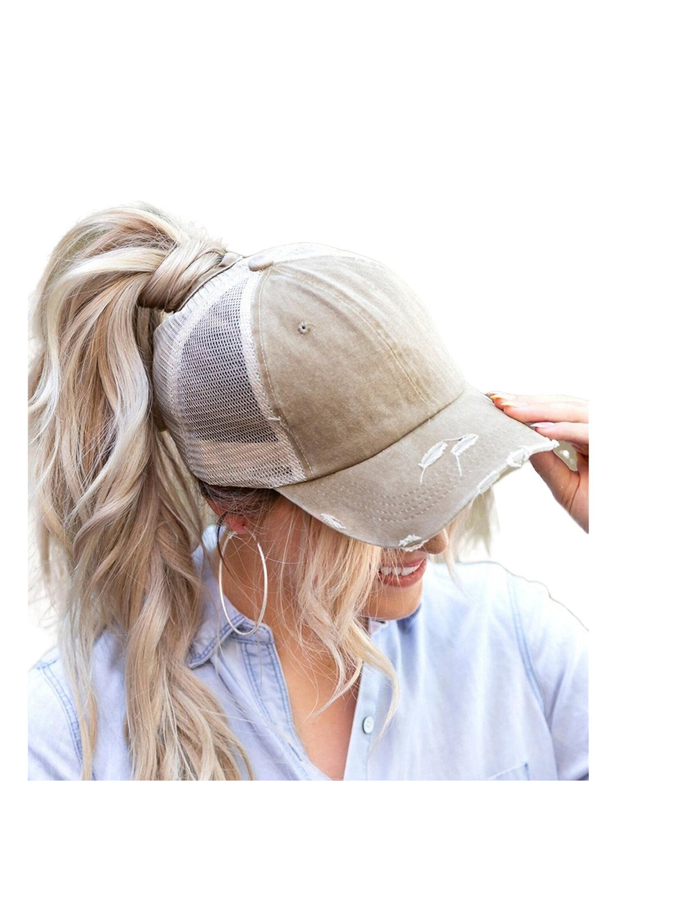 Womens High Ponytail Messy Bun Baseball Caps Distressed | Light Khaki | Size OS